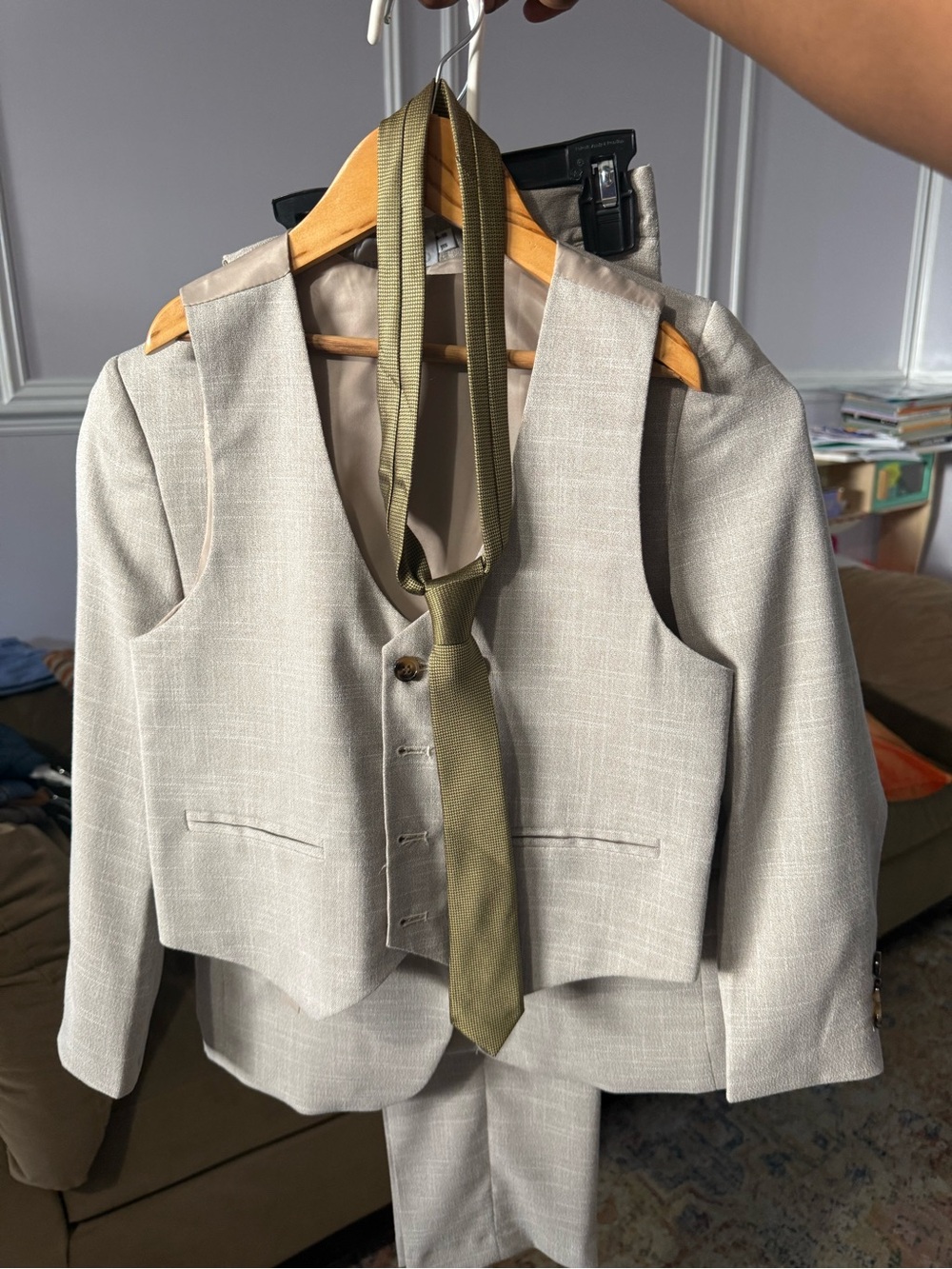 Kids Beige Vest Matching Set with Olive Tie